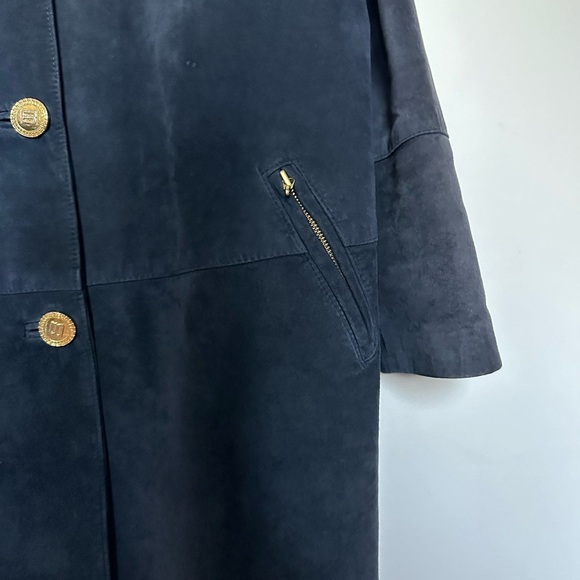 Vintage Danier Leather Suede Navy Blue Jacket Military Button Up Shoulder Pads - Picture 5 of 16